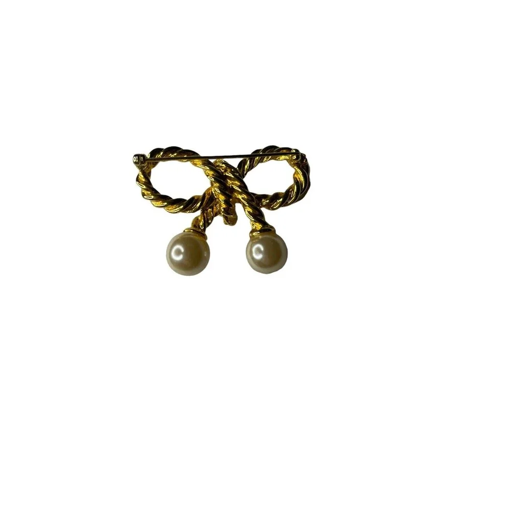Vintage Gold Tone Twisted Nautical Rope Love Knot Bow with Faux Pearls‎